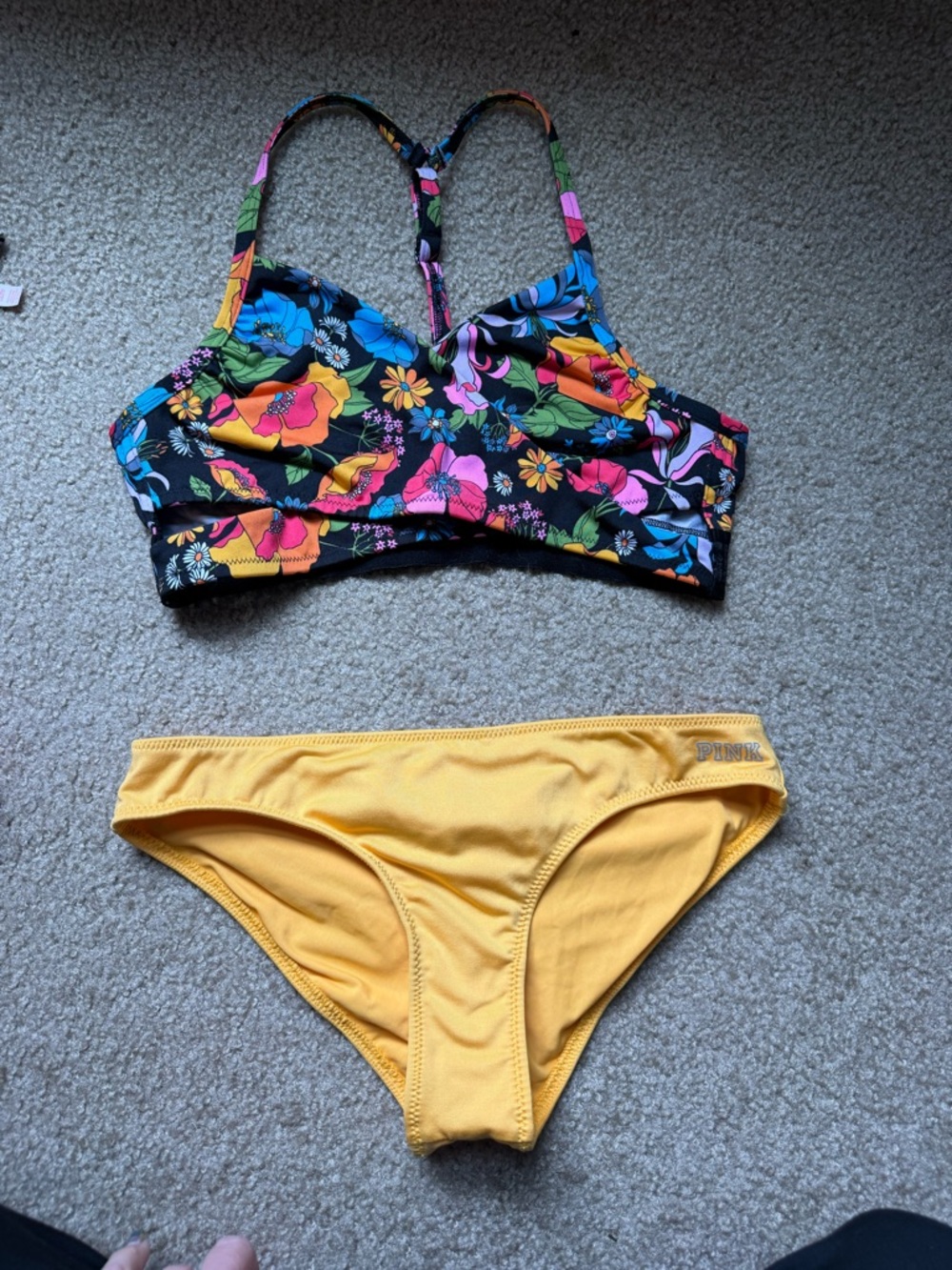 Victoria’s Secret floral retro y back bikini top and cheeky yellow bottoms - XS